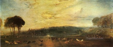  ciervos Arte - El atardecer del lago Petworth luchando contra los ciervos Paisaje romántico Joseph Mallord William Turner
